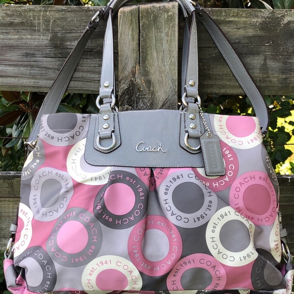 Coach Handbags - Coach Pink Gray Snaphead Circle Ashley Satchel Bag
